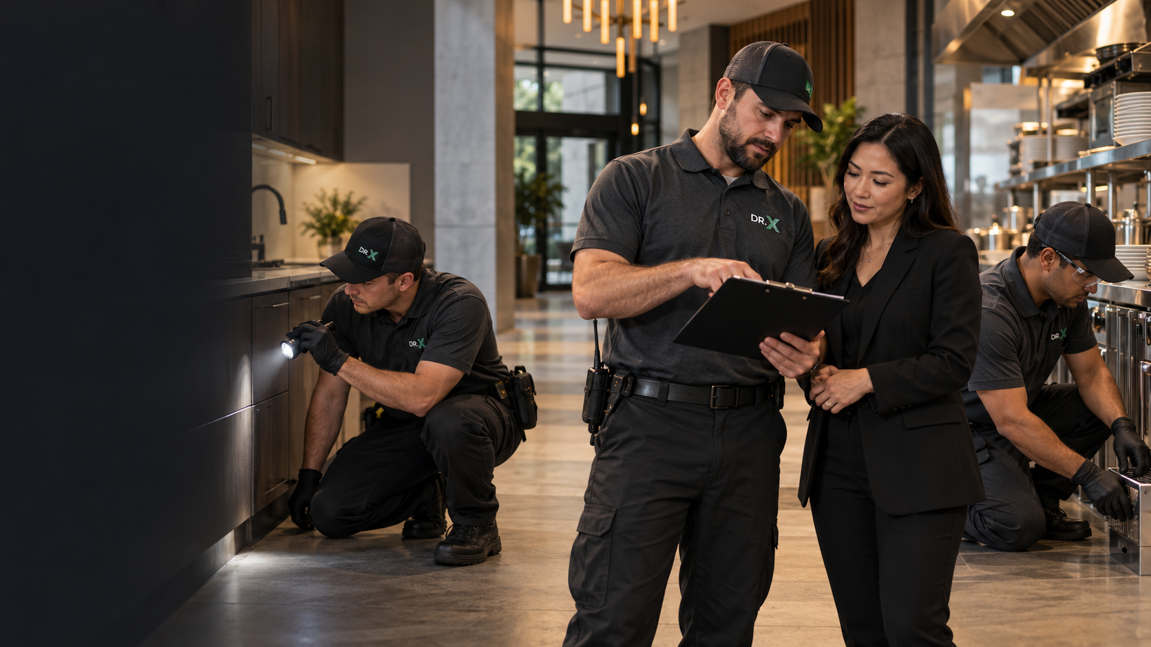 Pest-management technician inspecting a modern kitchen